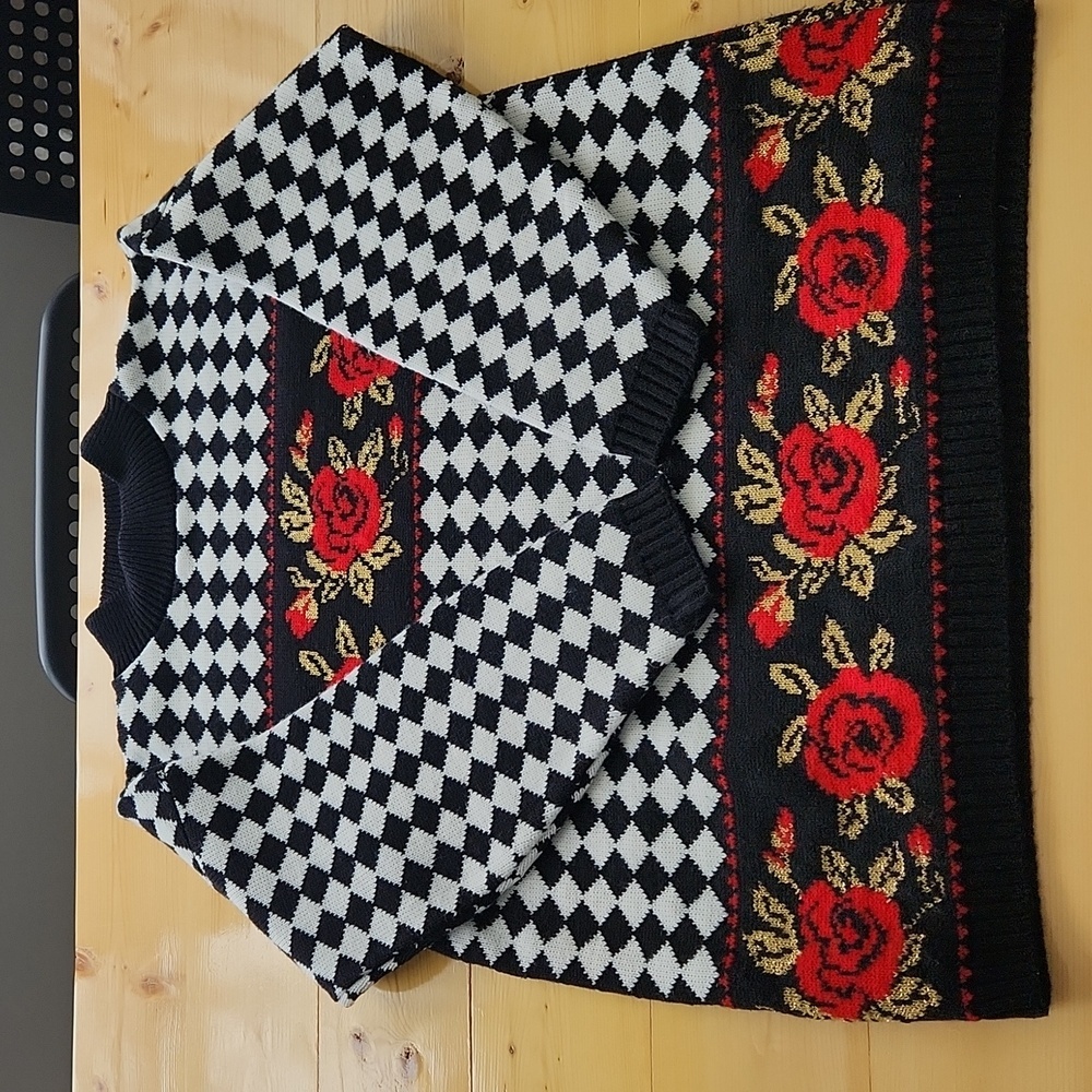 Trimmings Floral Checkered Knitted Pattern Sweater sz L - Picture 10 of 11